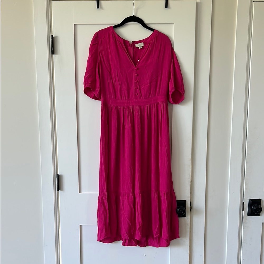 NWT LOFT Pink Smocked Puff Sleeve Midi Dress